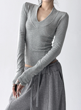 2025秋冬新款韩版V领长袖上衣女修身显瘦百搭灰色打底衫T恤上衣