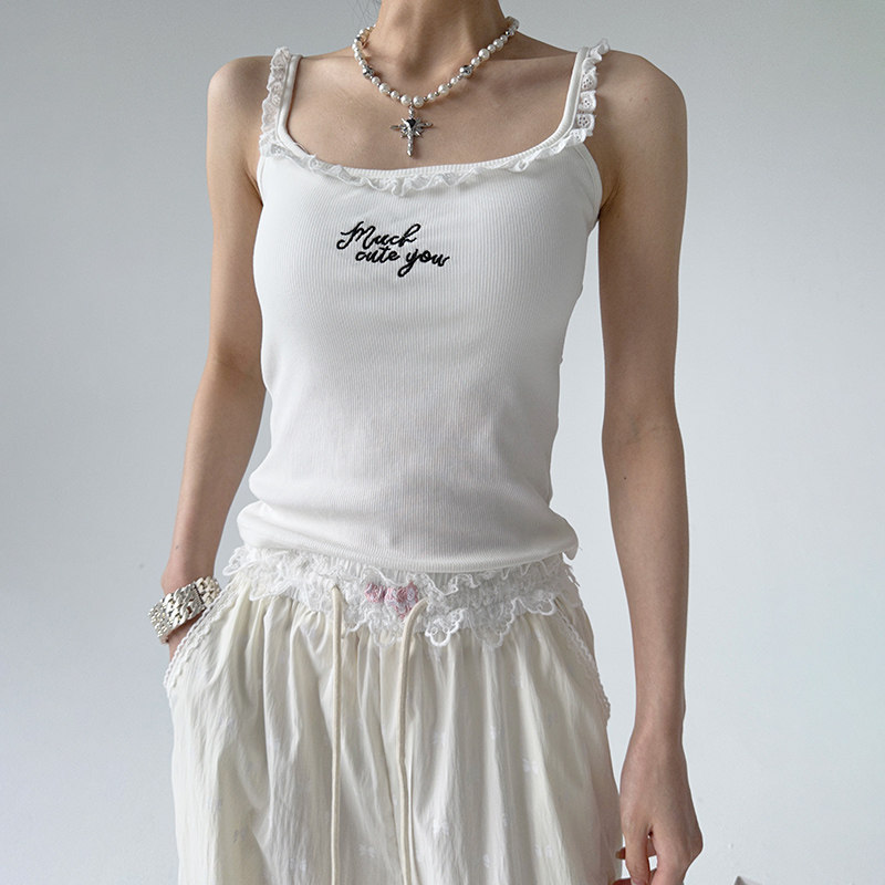 纯欲甜妹上线！带胸垫～木耳边吊带女2025年夏季字母刺绣吊带背心,女装/女士精品,背心吊带,淘宝优惠券,粉丝福利购,淘宝优惠卷