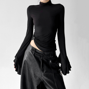 内搭喇叭长袖 辣妹堆堆高领修身 新款 女2025冬季 t恤上衣 褶皱打底衫