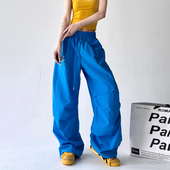 2025春夏新款 子 休闲裤 运动阔腿裤 hiphop宽松伞兵复古褶皱直筒工装