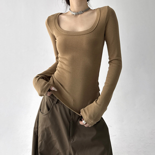 显瘦打底衫 韩系穿搭大U领长袖 修身 新款 百搭上衣 T恤女2025秋冬季