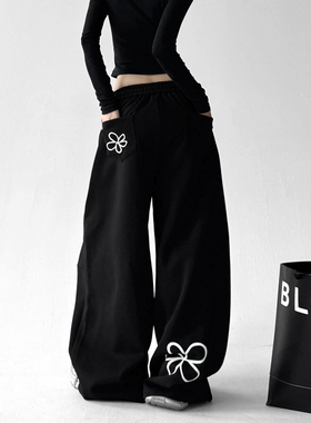 2025秋冬新款休闲裤女宽松显瘦直筒印花高个子阔腿别致运动卫裤子