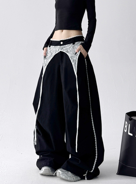 黑色女装爆款工装裤女2025春秋季新款蕾丝阔腿裤设计感学院休闲裤