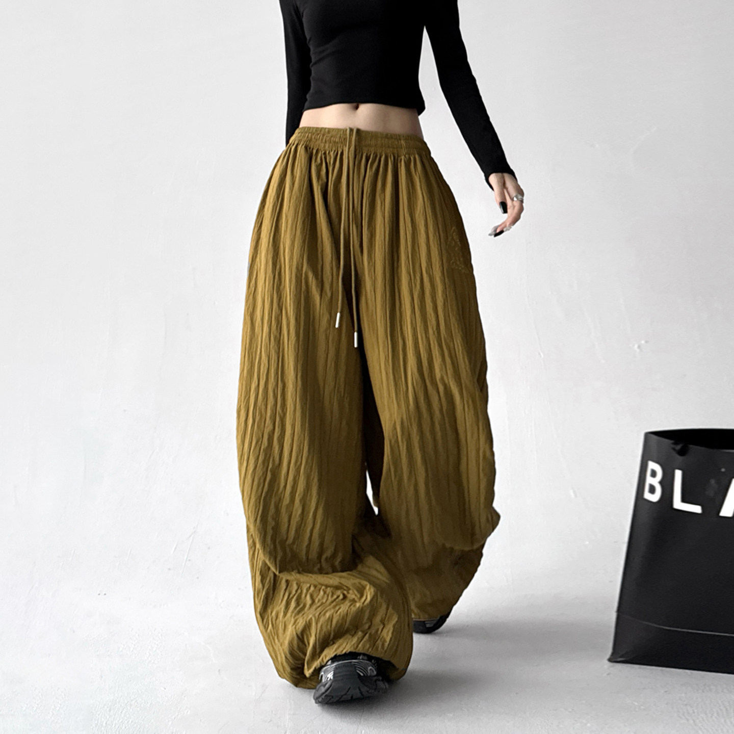 2025秋冬美式复古褶皱休闲裤女宽松显瘦阔腿裤高腰直筒长裤子
