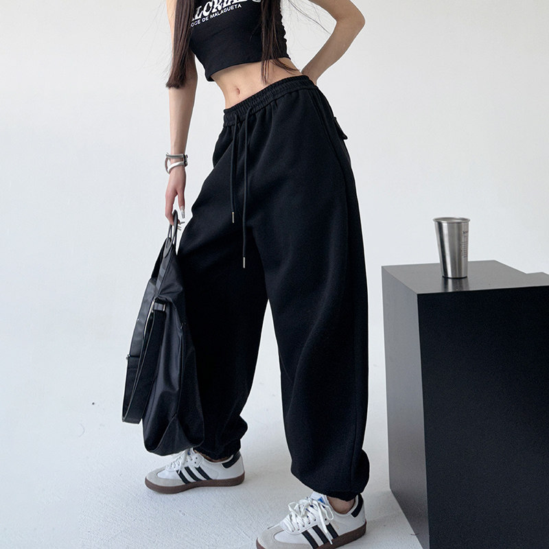 黑色时髦宽松休闲卫裤女2025秋季新款宽松百搭网红爆款高腰运动裤,女装/女士精品,休闲裤,淘宝优惠券,粉丝福利购,淘宝优惠卷
