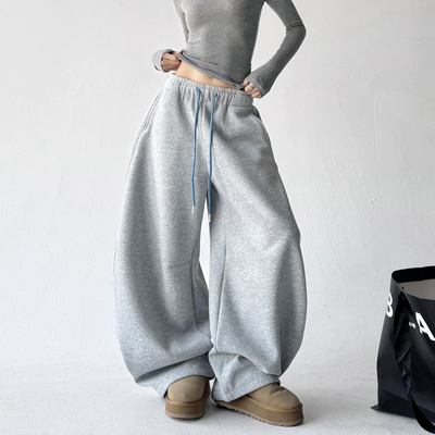 2025冬季新款加厚加绒阔腿弯刀卫裤女好看设计感宽松休闲潮牌裤子