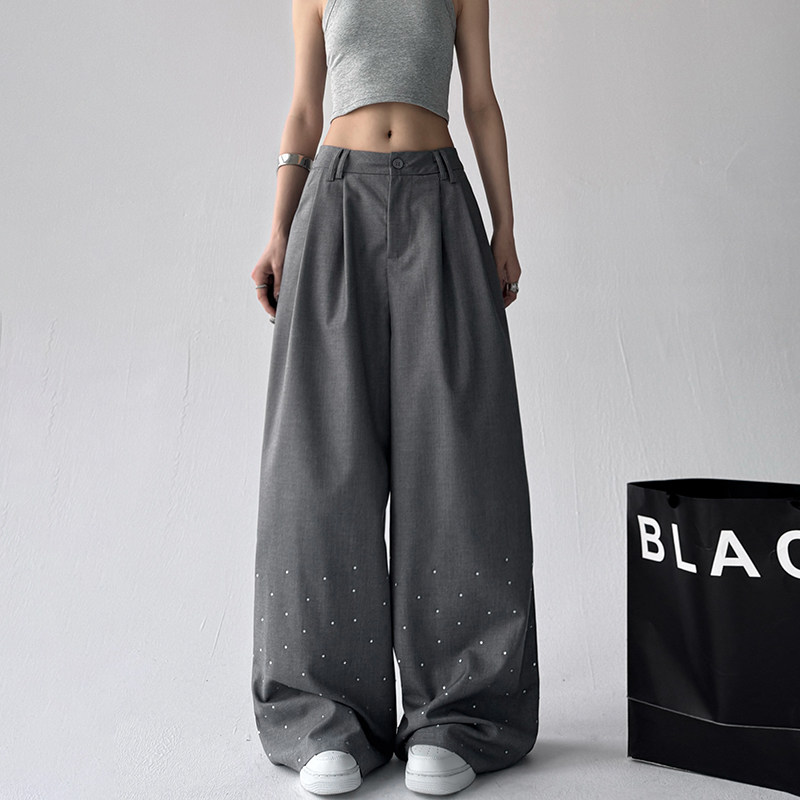 设计灰色烫钻高级感西装阔腿裤女2025秋季新款高腰垂感休闲拖地裤,女装/女士精品,休闲裤,淘宝优惠券,粉丝福利购,淘宝优惠卷