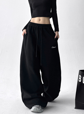美式黑色运动裤女早秋2025新款高腰直筒宽松休闲卫裤工装阔腿裤子