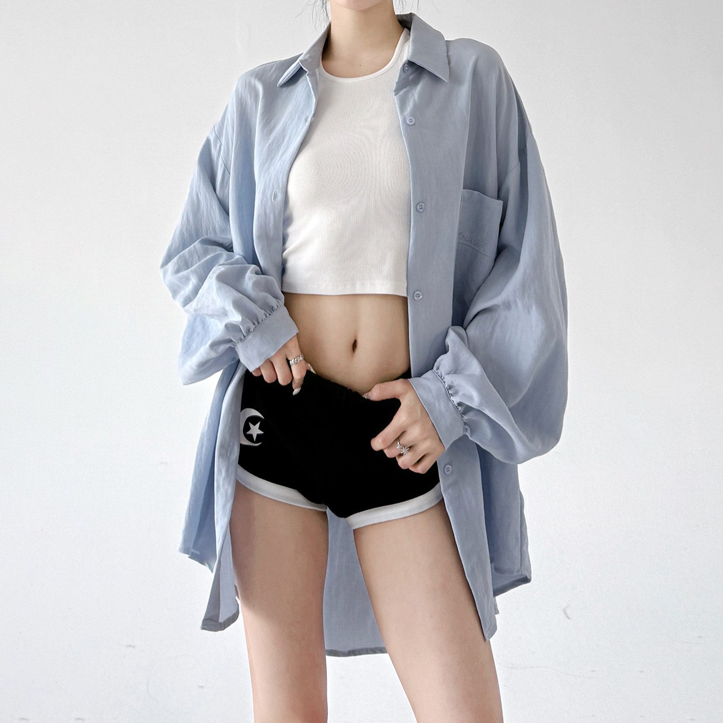 纯色防晒衣女2026夏季新款薄款长袖宽松防晒外套慵懒风翻领衬衫图片