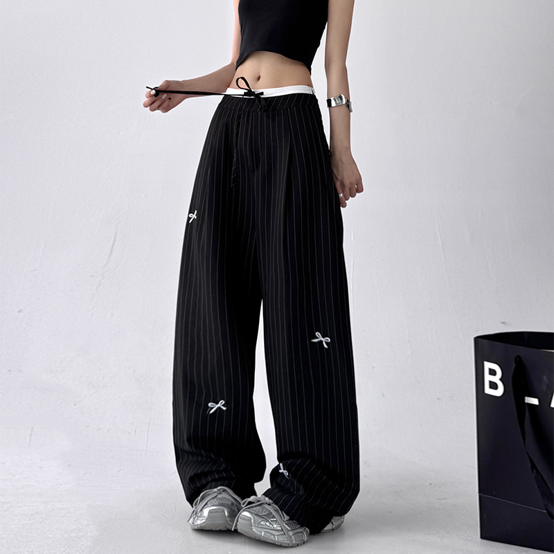 木昱子美式设计感蝴蝶结阔腿拖地裤西裤女新款宽松百搭高腰休闲裤