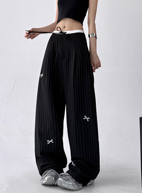 木昱子美式设计感蝴蝶结阔腿拖地裤西裤女新款宽松百搭高腰休闲裤