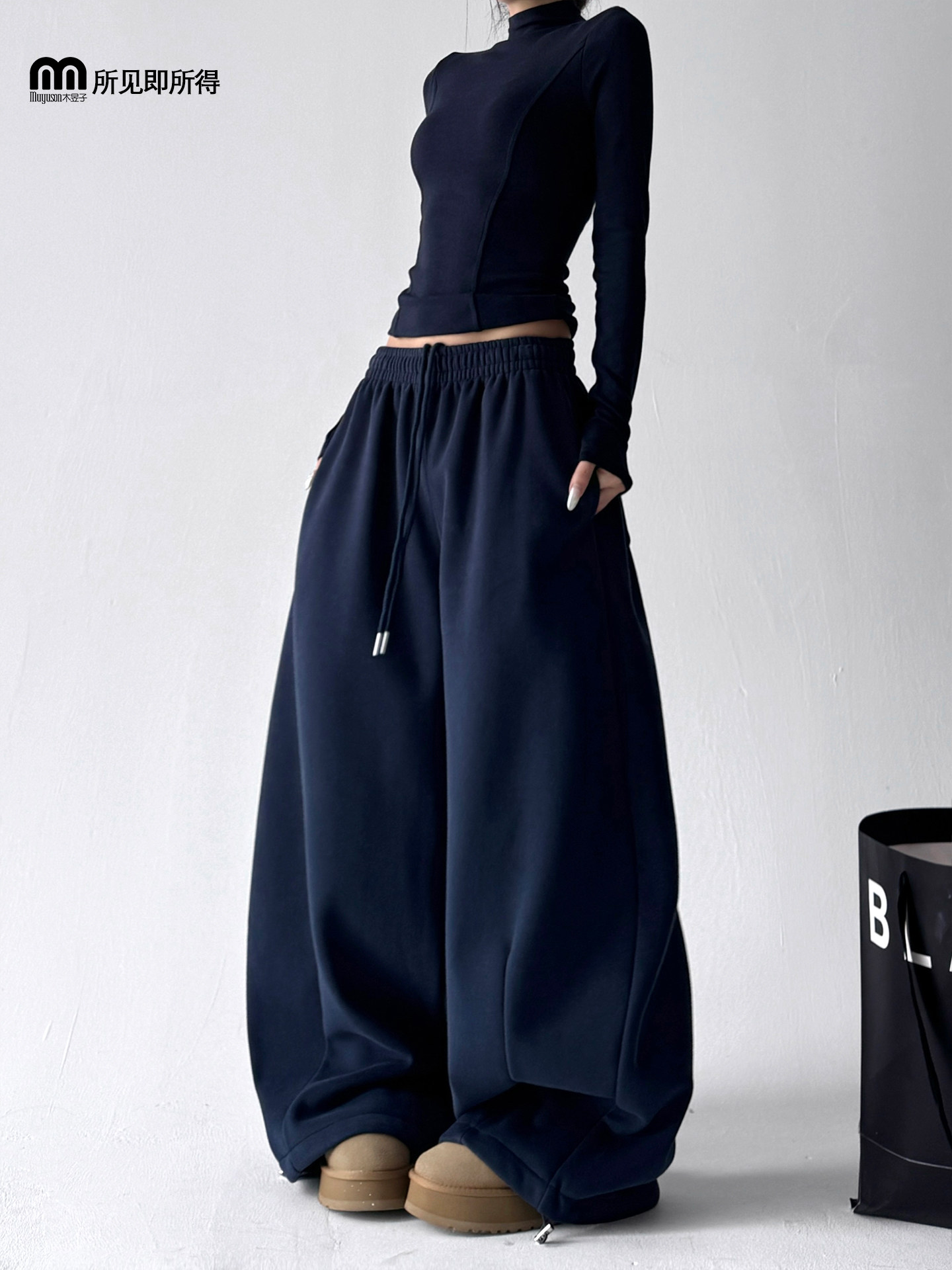 藏青色阔腿卫裤女2025冬季新款加绒加厚重磅休闲裤宽松百搭运动裤