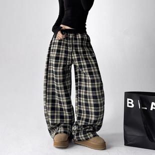 2025冬季 复古格子慵懒松弛感显瘦阔腿拖地秋冬宽松休闲裤