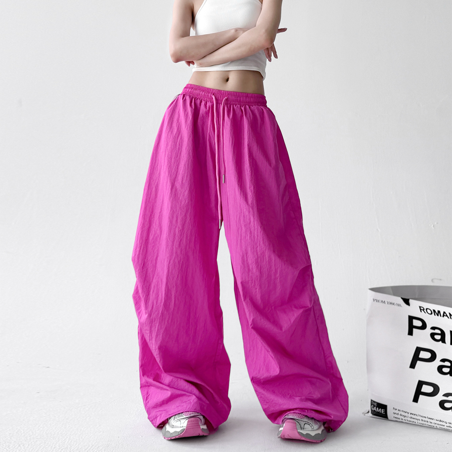 2025夏季新款玫红色休闲裤