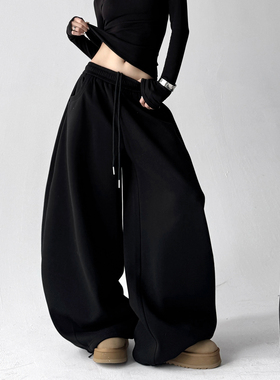 巨好看黑色运动裤女2025冬季新款加绒新款高街宽松直筒阔腿休闲裤