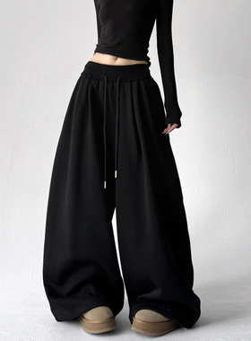黑色阔腿裤女2025冬装新款宽松显瘦垂坠拖地裤加厚加绒百搭休闲裤