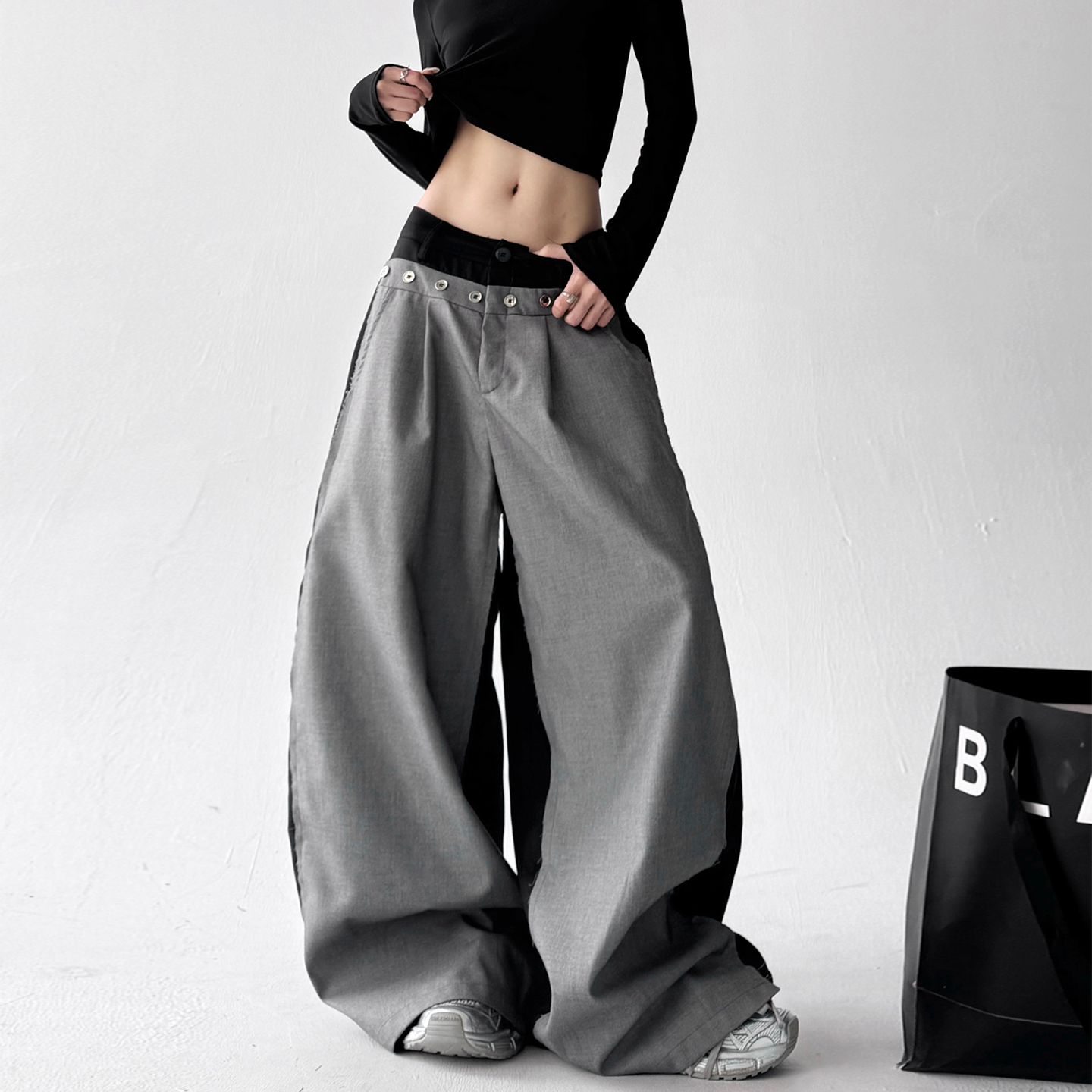 拼接西装裤女2025春秋季新款双色撞色设计感裤子腰头假两件休闲裤