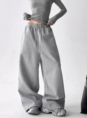 灰色经典运动裤女2025秋冬新款高腰显瘦宽松休闲裤直筒阔腿卫裤子