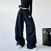 女春秋束脚hiphop工装 阔腿休闲裤 垂感直筒宽松美式 黑色卫裤 运动裤