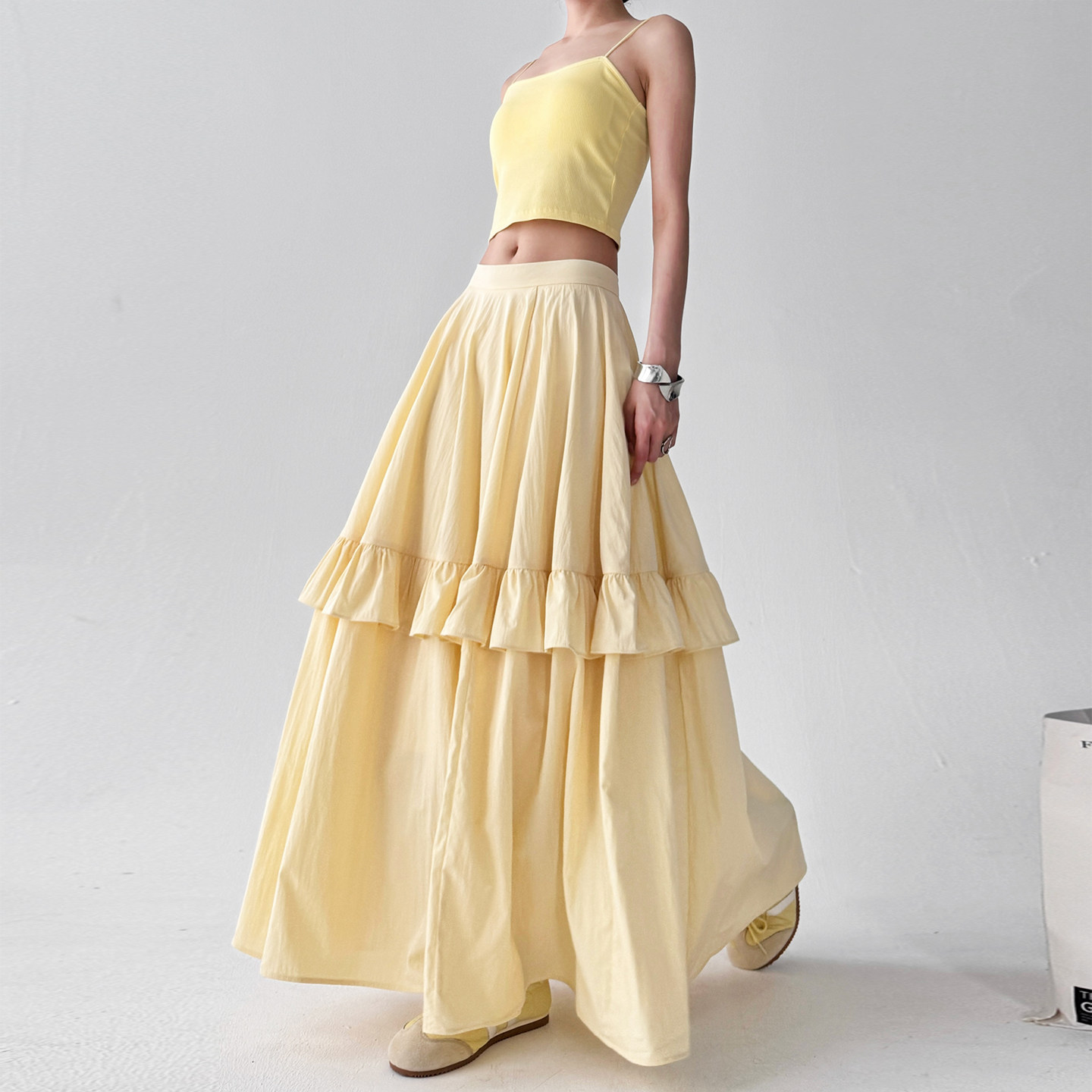 2026夏季新款女装黄色半身裙女高腰显瘦宽松休闲百搭长裙子蛋糕裙