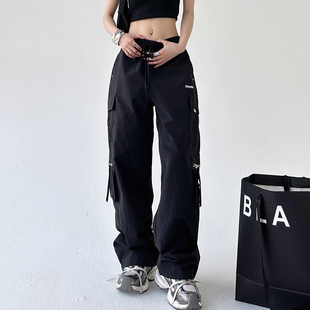 甜酷辣妹低腰抽绳立体口袋工装裤女2023粉色宽松直筒休闲拖地长裤