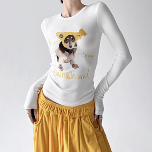 内搭上衣女 显瘦打底衫 秋冬美式 复古可爱小狗印花紧身长袖