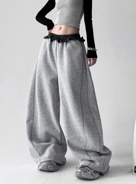 灰色运动裤女2025秋冬装新款今年流行花边裤子韩系穿搭直筒阔腿裤