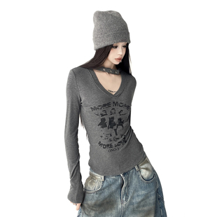 性感修身 新款 显瘦简约风上衣潮 t恤女2025冬装 漂亮辣妹设计感长袖