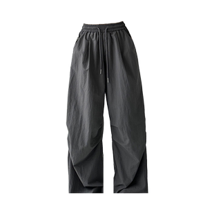 湖蓝色复古褶皱伞兵工装裤女2026春秋宽松直筒户外休闲阔腿运动裤