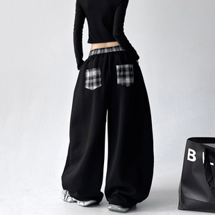 2025冬季新款阔腿裤女潮流街舞格子拼接休闲裤宽松垂感直筒裤子