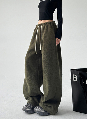 美式摇粒绒军绿色卫裤女冬保暖厚实休闲阔腿运动加长垂感宽松裤子