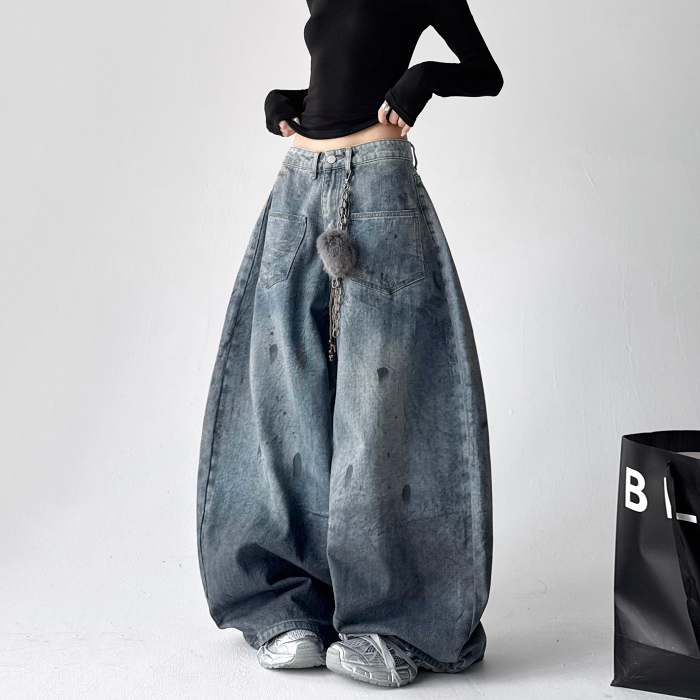 美式泼墨水洗做旧弯刀牛仔裤女2025冬季新款宽松显瘦阔腿裤女