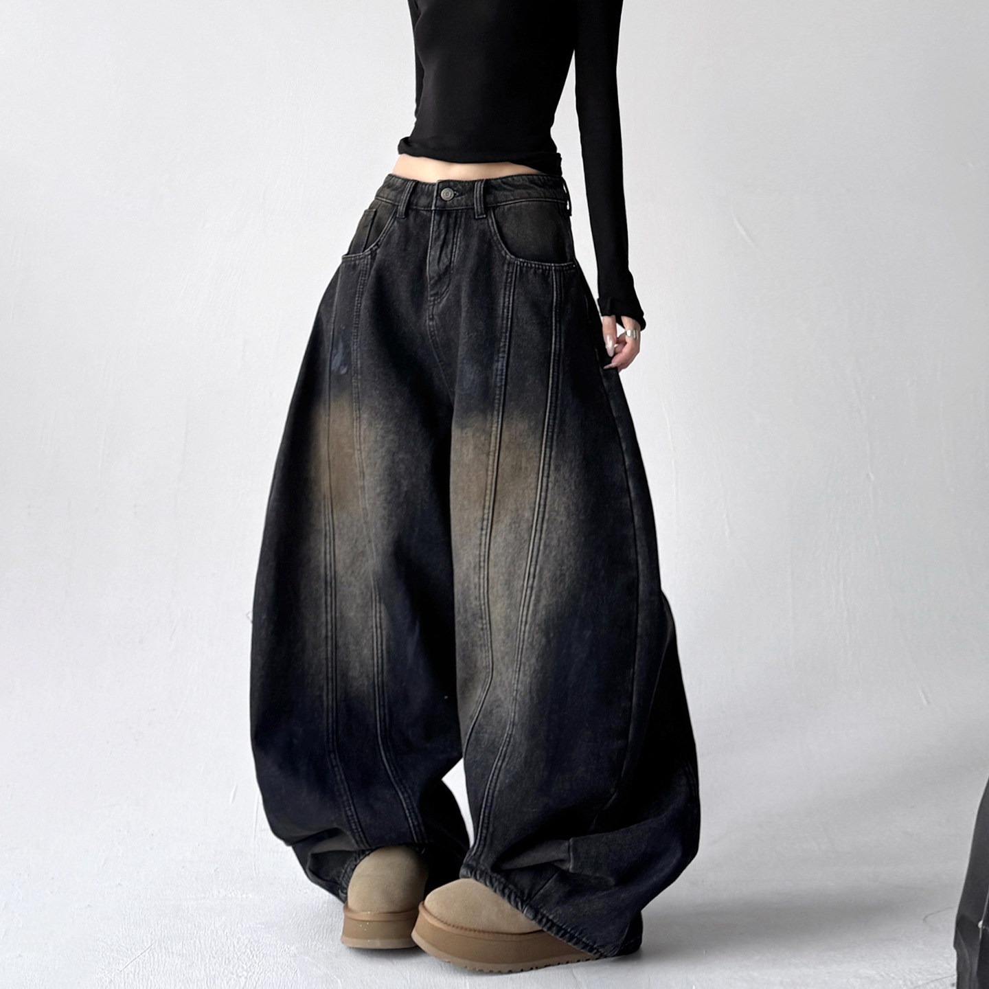 设计感冬季加绒阔腿牛仔裤女2025冬装新款宽松垂感拖地裤慵懒风裤