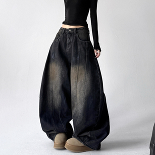 加绒阔腿牛仔裤 慵懒风裤 女2025冬装 宽松垂感拖地裤 新款 设计感冬季