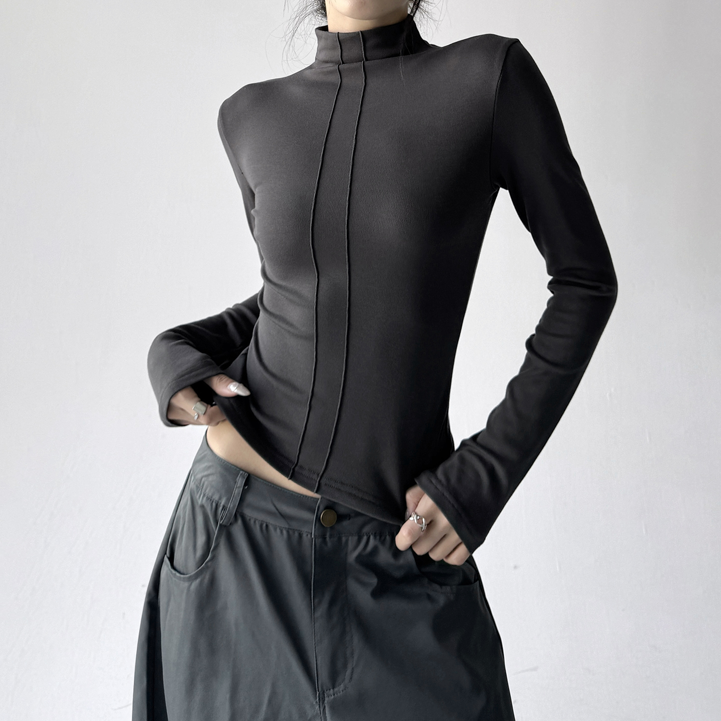 2025美式辣妹半高领打底衫女秋冬内搭加绒修身显瘦长袖T恤上衣