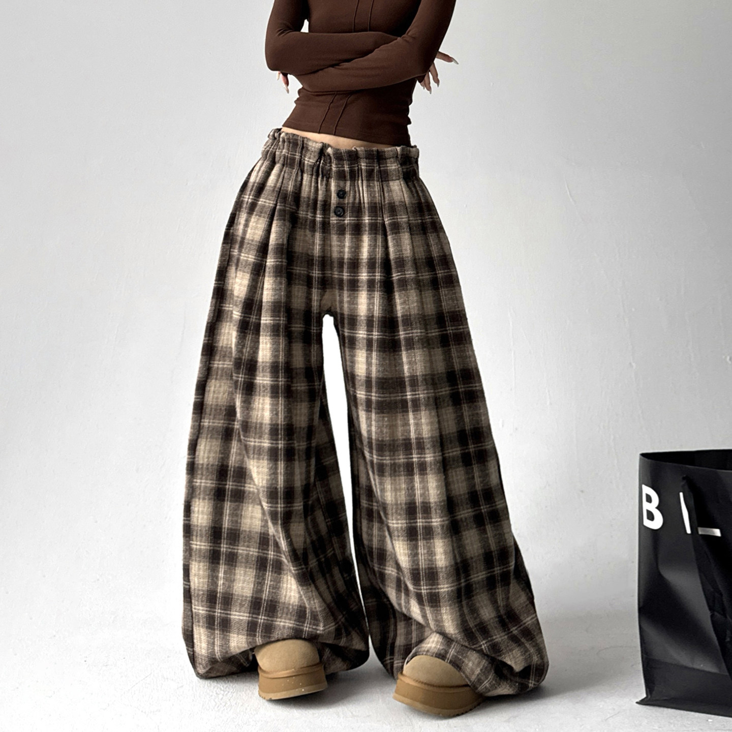 2025秋冬季新款韩版格子裤女宽松显瘦高个子直筒高级感阔腿休闲裤,女装/女士精品,休闲裤,淘宝优惠券,粉丝福利购,淘宝优惠卷