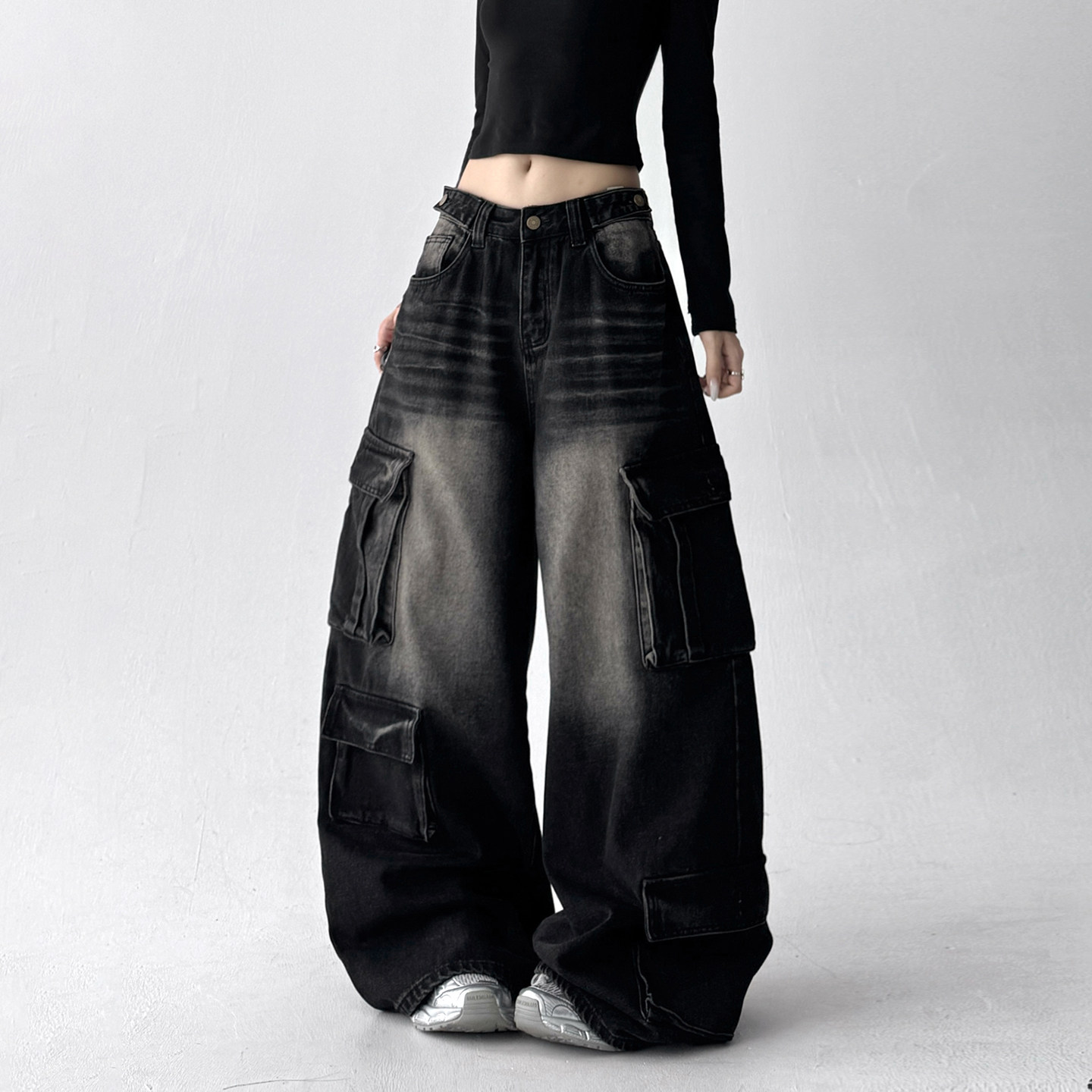美式高街复古工装阔腿黑色牛仔裤女2025秋冬新款宽松直筒垂感裤子,女装/女士精品,牛仔裤,淘宝优惠券,粉丝福利购,淘宝优惠卷