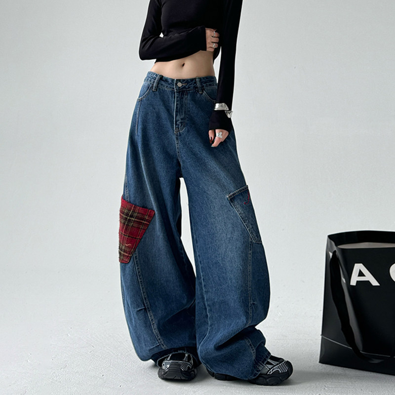 美式撞色格子拼接弯刀牛仔裤女2024冬季新款阔腿大口袋工装裤,女装/女士精品,牛仔裤,淘宝优惠券,粉丝福利购,淘宝优惠卷