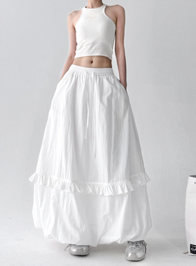 今年流行2025夏季新款白色花苞半身裙女高个子薄款灯笼裙高a字裙