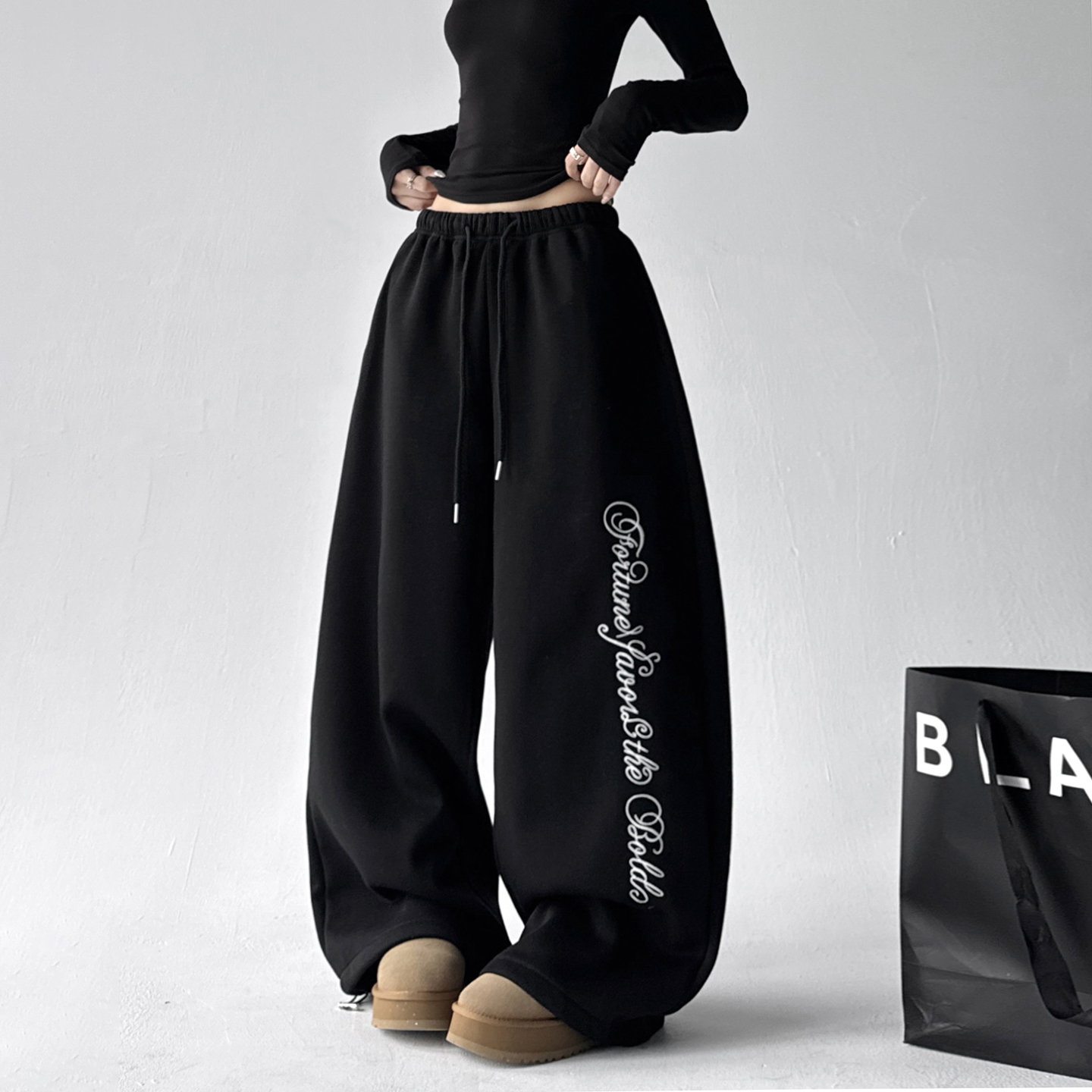 2025美式冬季新款休闲裤女高个子拖地裤卫裤刺绣加绒加厚直筒裤子