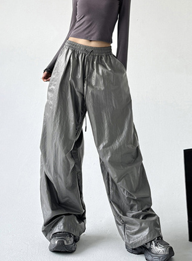 大阔腿松弛感皮裤女早秋2024新款垂坠感黑色拖地裤显瘦