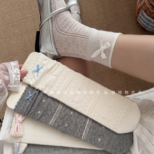 miu系蝴蝶结白色袜子女春夏季薄款中筒袜芭蕾风灰色无骨堆堆袜棉