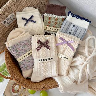 蝴蝶结袜子女中筒袜春秋纯棉花边堆堆袜女可爱碎花搭配小皮鞋 夏季