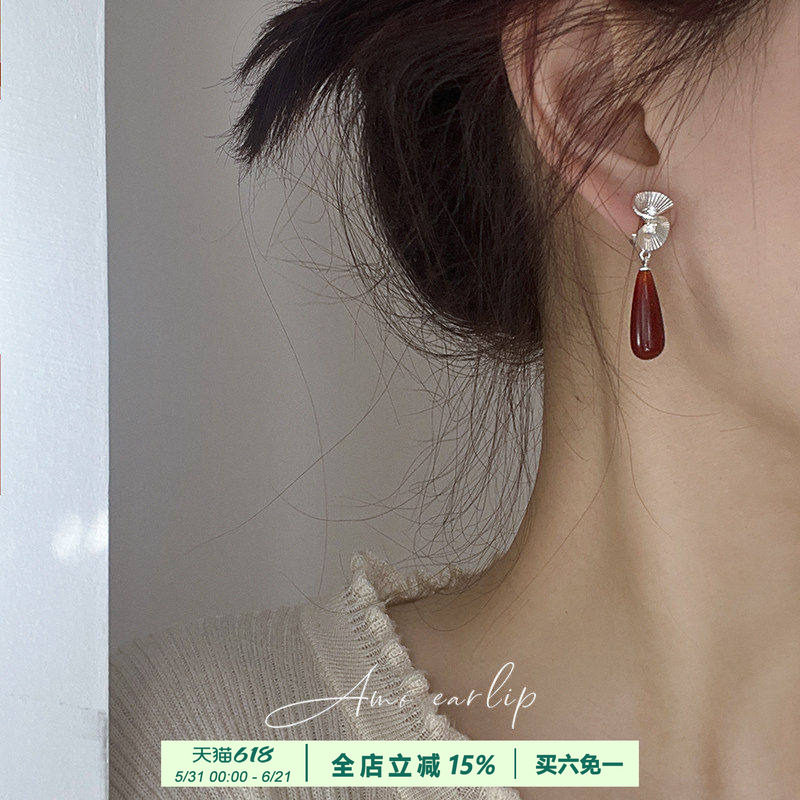 为晚天然玛瑙耳夹无耳洞女长款绿色玉髓吊坠蚊香盘新中式国风耳饰