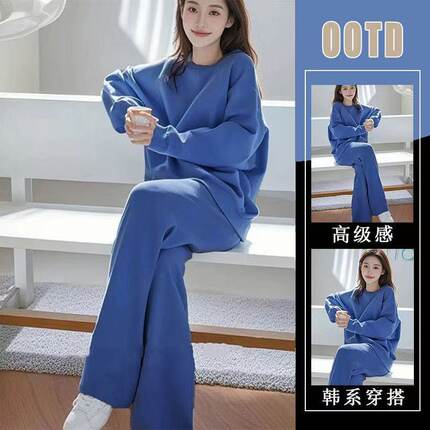 韩版时尚气质圆领纯色卫衣长裤女装2025春季新款开春搭配一整套装
