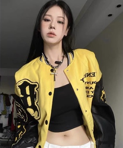 美式街头火焰元素贴布刺绣PU皮拼接棒球服宽松外套夹克外套女