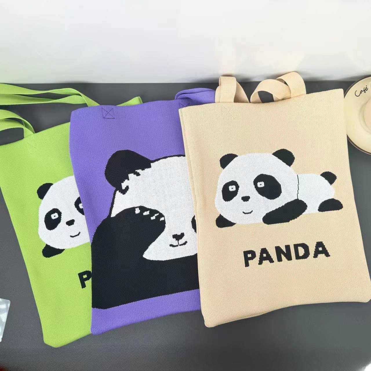 ins卡通熊猫针织包女士手提包时尚手拎大容量单肩包斜挎包包包
