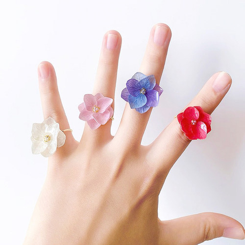 绣球花真花戒指女开口可调节手工滴胶永生花小众清新饰品