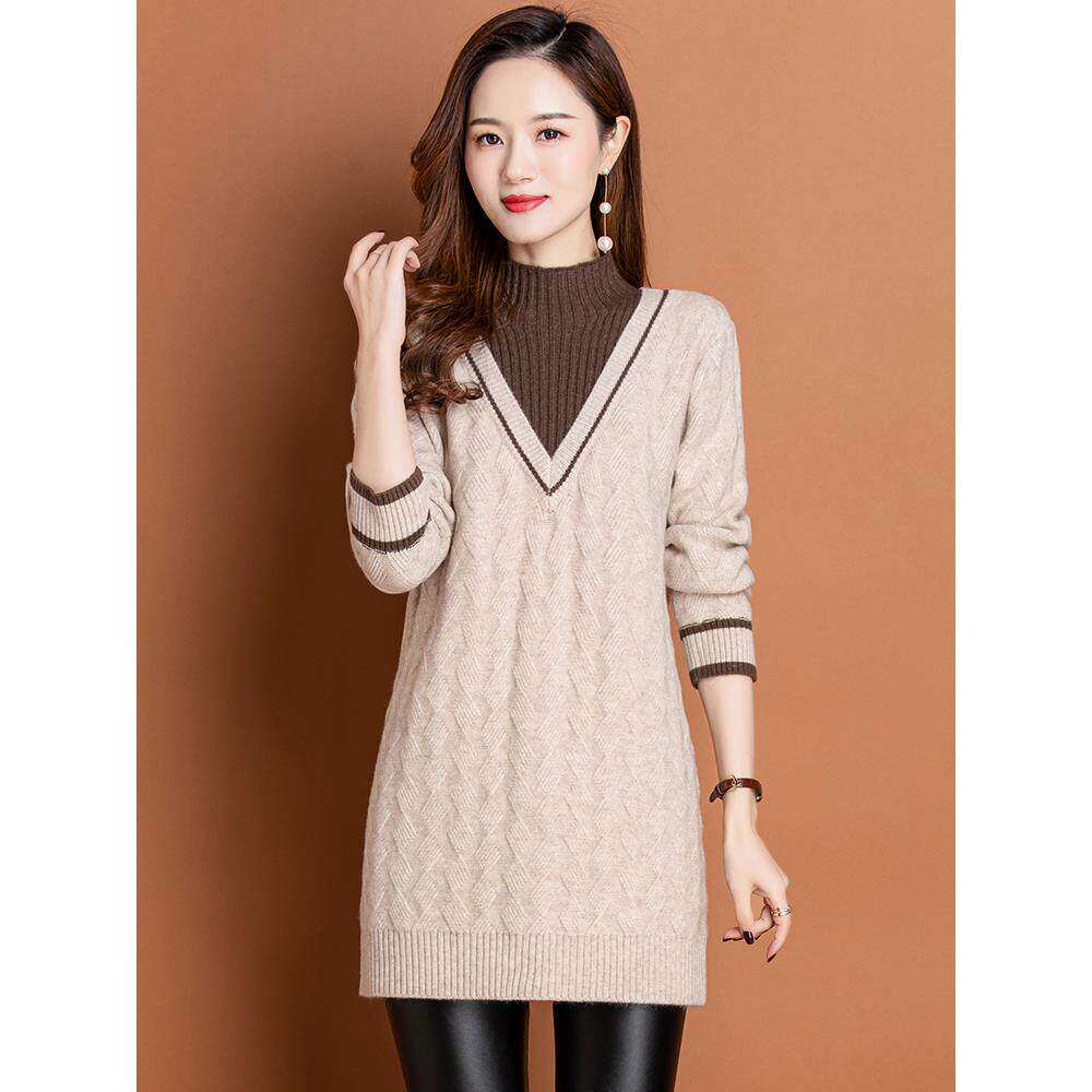 半高领毛衣女中长款打底衫大码秋冬新款加厚假两件针织羊毛打底衫
