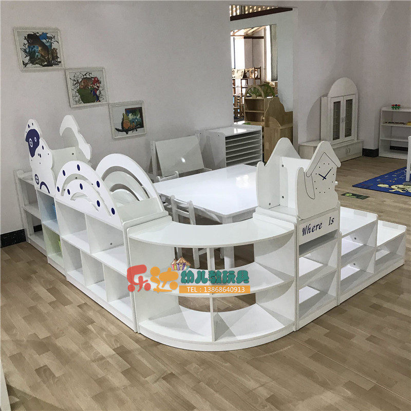 幼儿园白色烤漆儿童区角实木组合柜风车玩具柜海盗船阶梯柜玩具柜